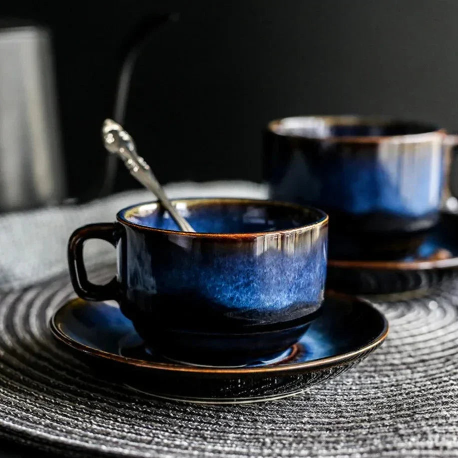 Deep Blue Ceramic Mug and Saucer Set, Coffee or Espresso