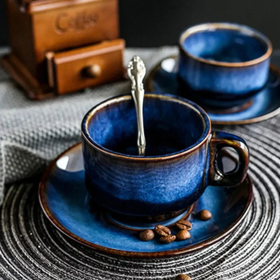 Deep Blue Ceramic Mug and Saucer Set, Coffee or Espresso