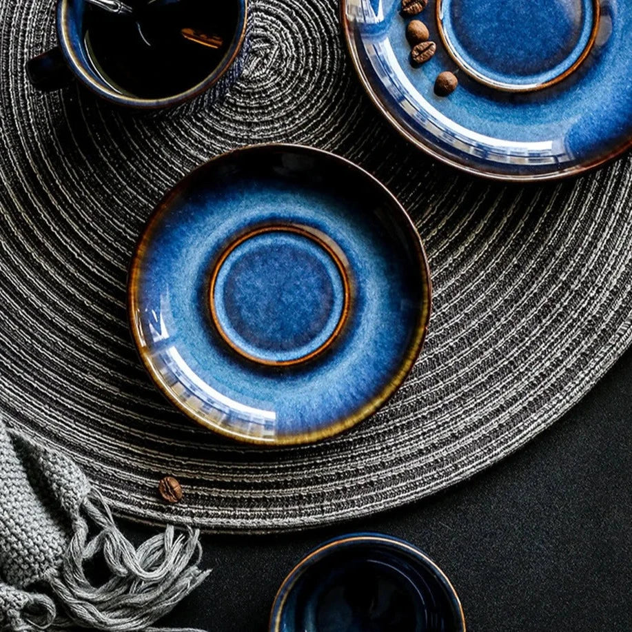 Deep Blue Ceramic Mug and Saucer Set, Coffee or Espresso