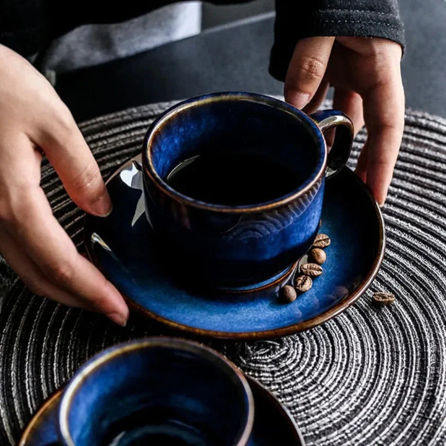 Deep Blue Ceramic Mug and Saucer Set, Coffee or Espresso