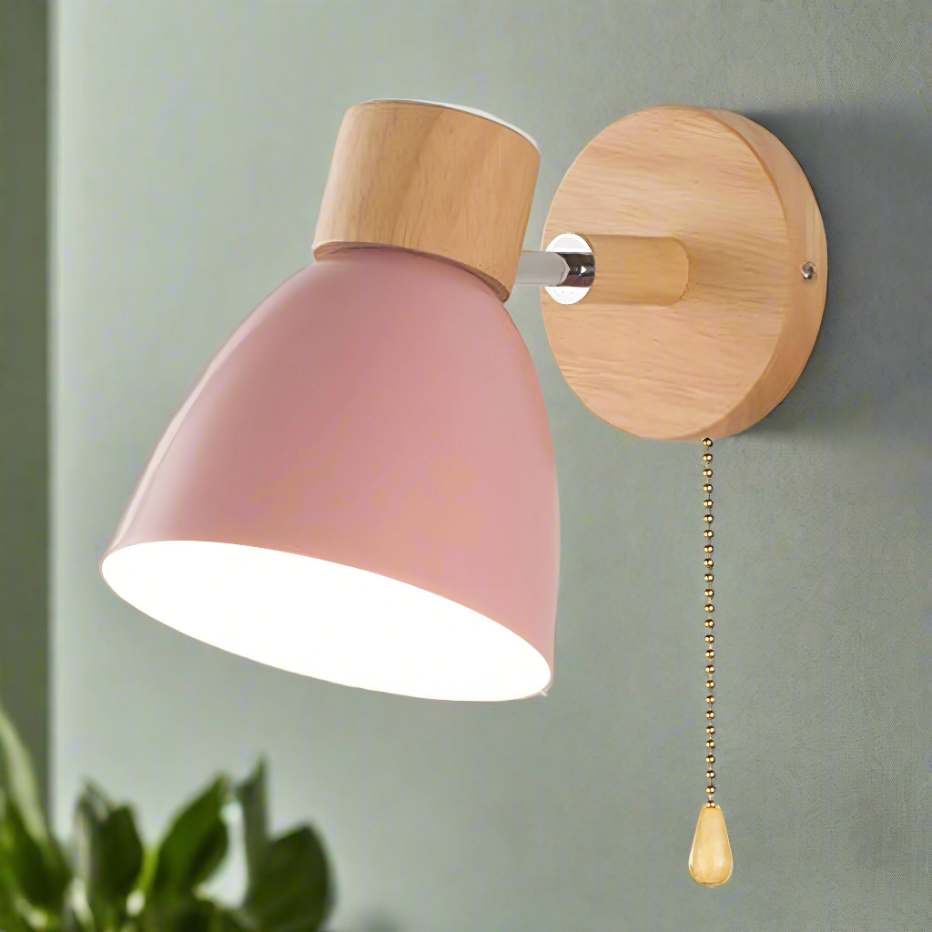 Scandinavian Wood and Metal Wall Light with Pull Cord Switch