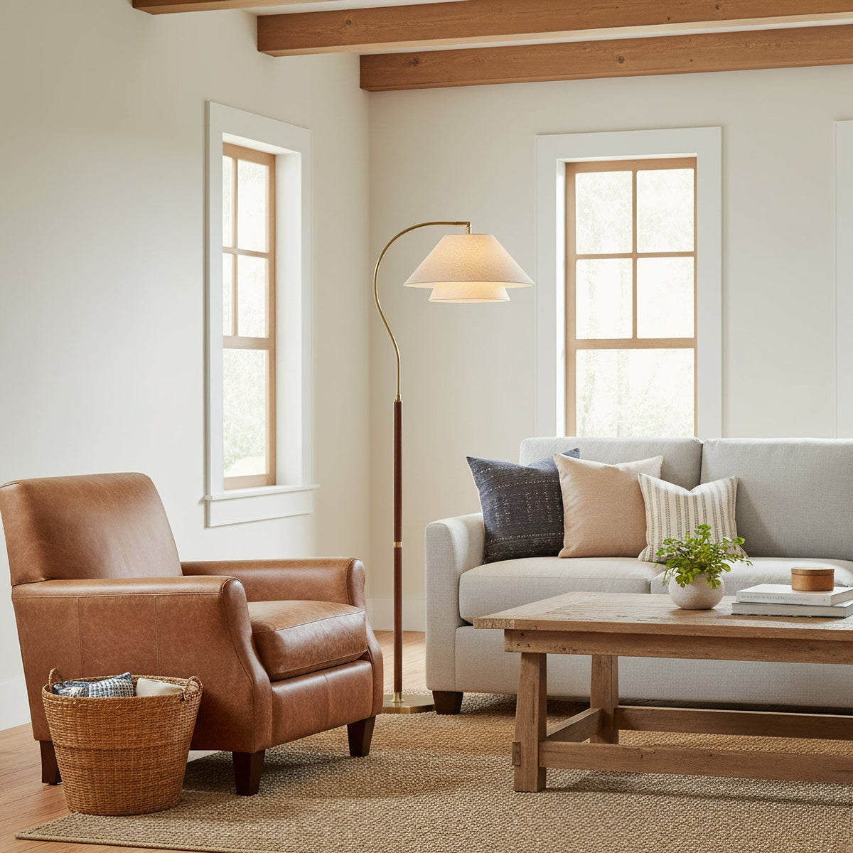 Double Fabric Shade Floor Lamp with Wood Detail, 155cm Tall