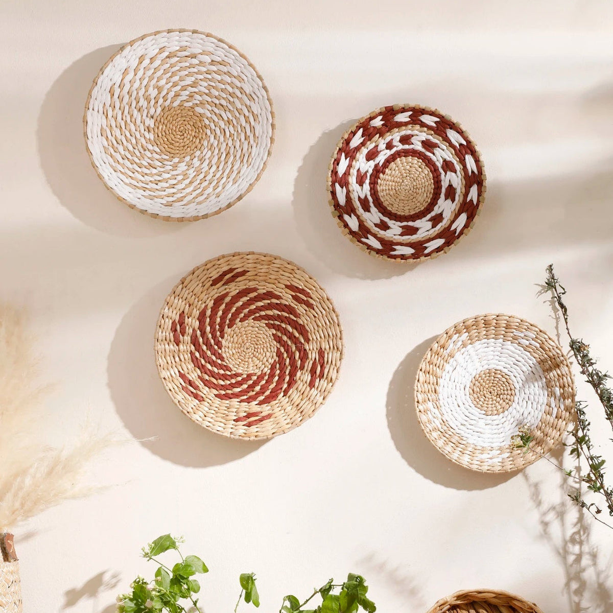 Hand-Woven Seagrass Wall Art Set with Patterned Discs