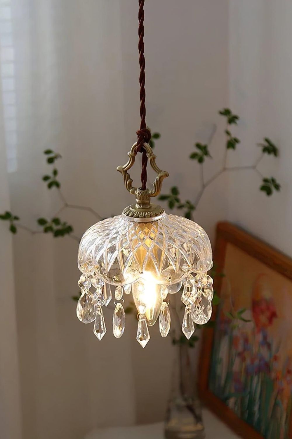 Cut Glass Pendant Light with Copper Fitting, E14, 15-20cm