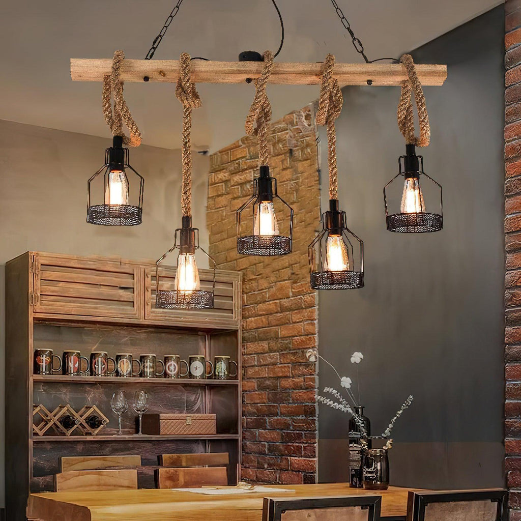 Hemp Rope Cage Pendant Light, Industrial, 3, 5 or 8 Lights
