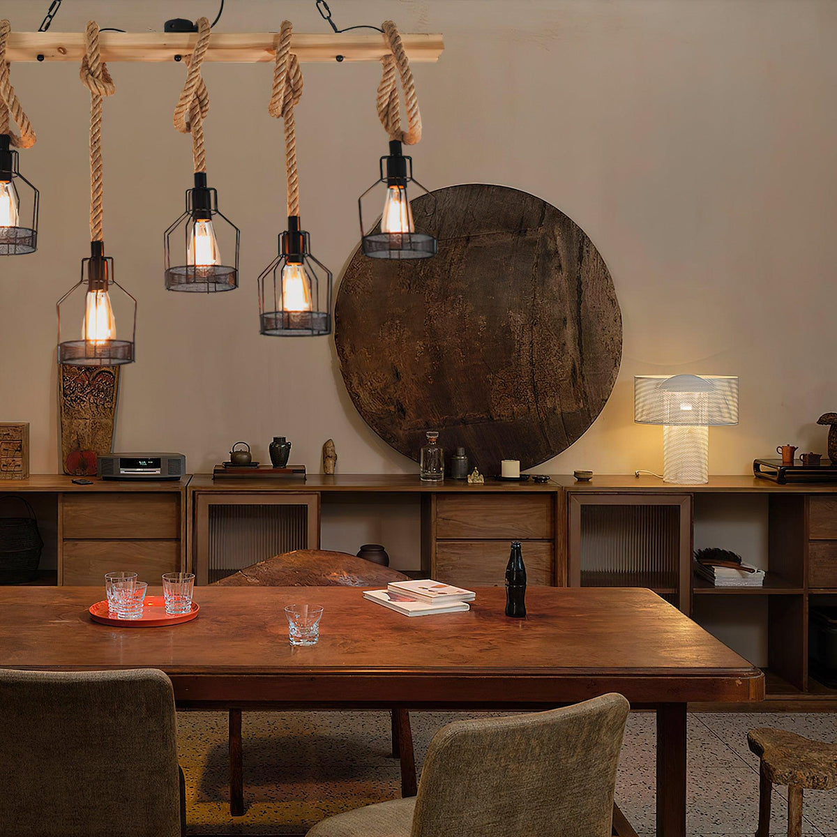 Hemp Rope Cage Pendant Light, Industrial, 3, 5 or 8 Lights