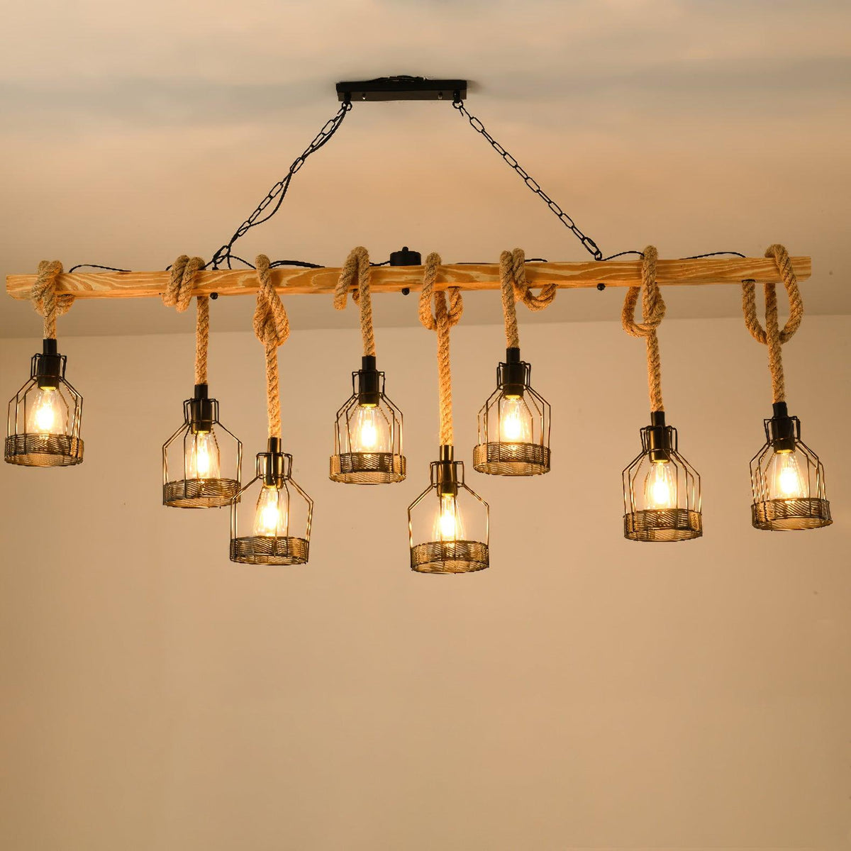 Hemp Rope Cage Pendant Light, Industrial, 3, 5 or 8 Lights