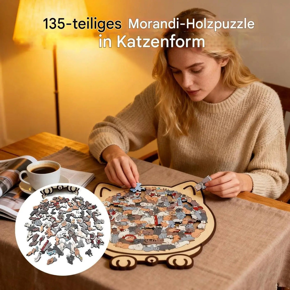 Wooden Cat Jigsaw Puzzle, 135 Pieces, Pastel Tones