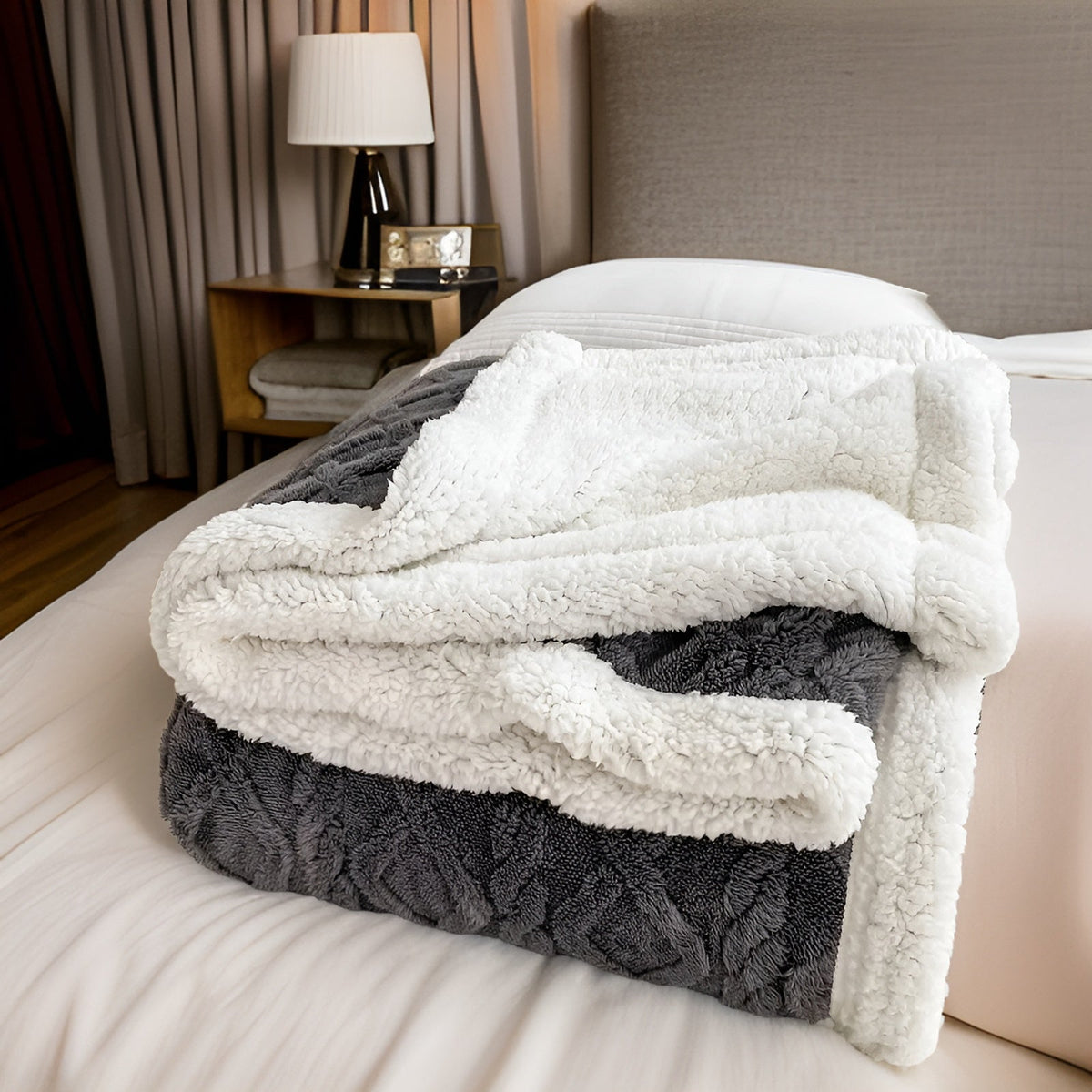 Reversible Sherpa Fleece Throw, Soft Polyester, 3 Sizes
