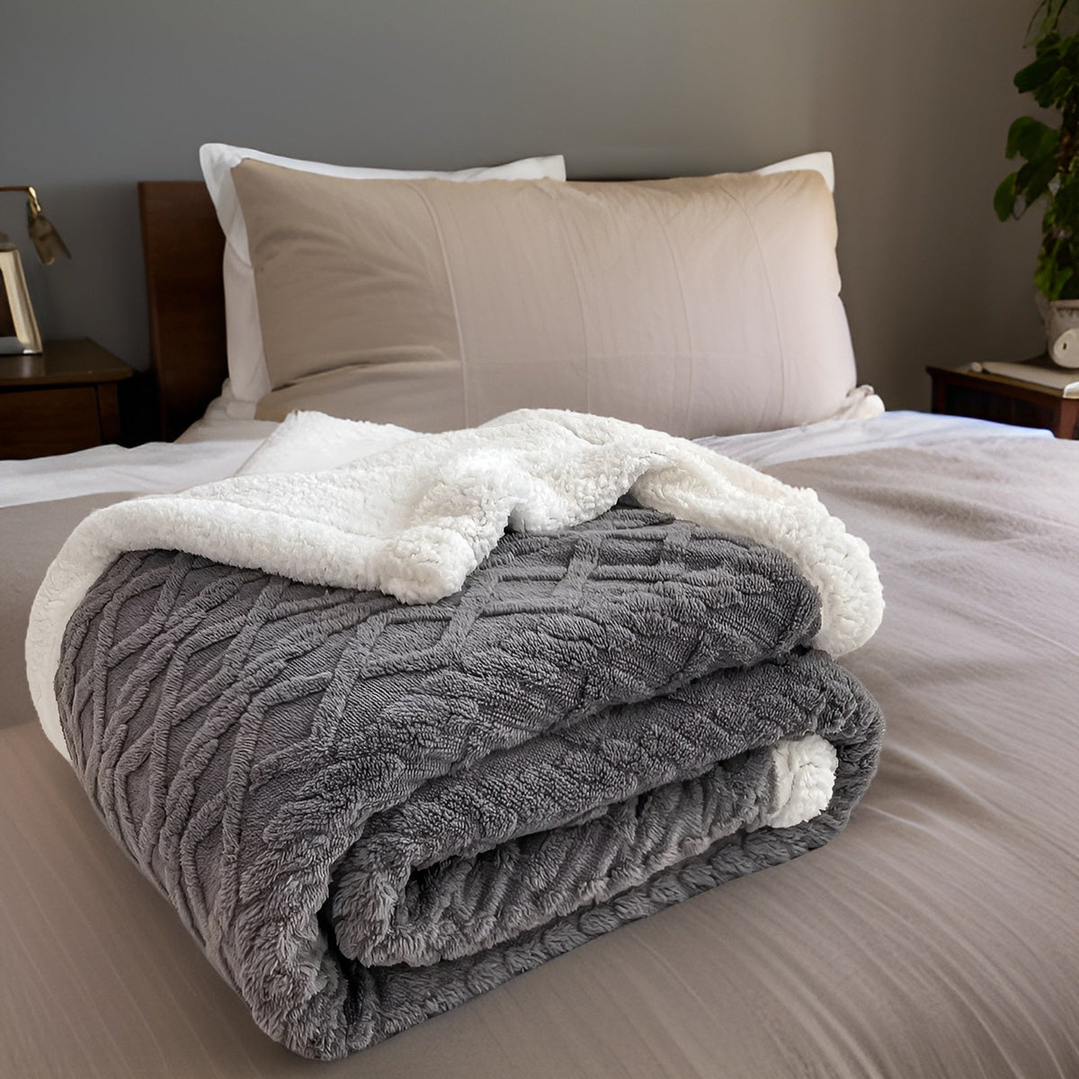 Reversible Sherpa Fleece Throw, Soft Polyester, 3 Sizes