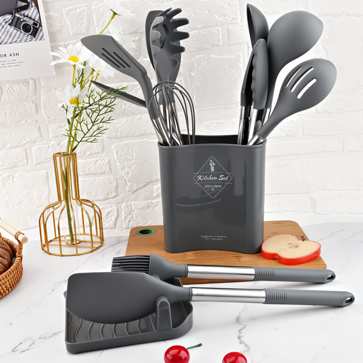 12-Piece Silicone Kitchen Utensil Set with Stainless Steel Handles