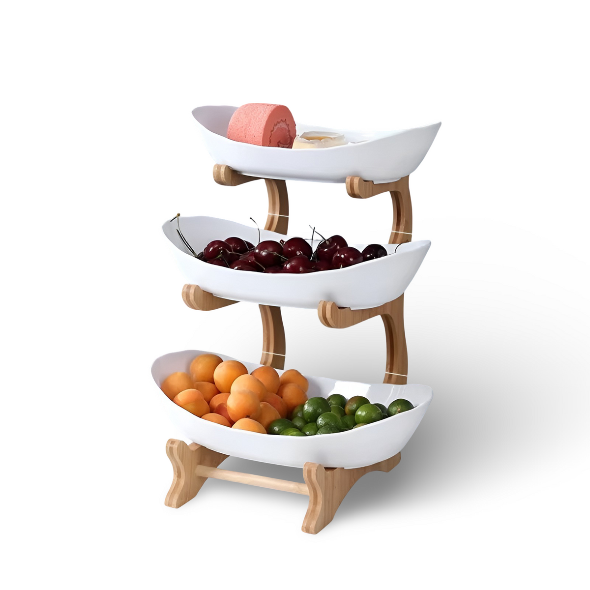 3 Tier Fruit Basket with Wooden Stand and Bowls