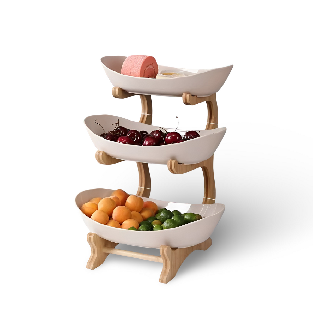 3 Tier Fruit Basket with Wooden Stand and Bowls