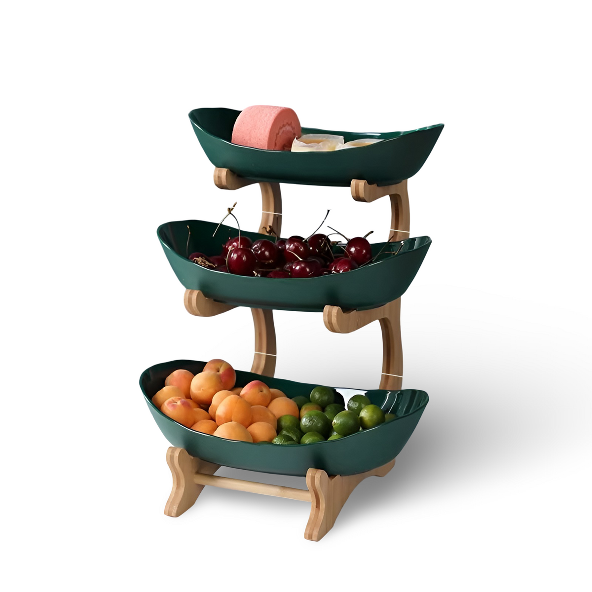 3 Tier Fruit Basket with Wooden Stand and Bowls