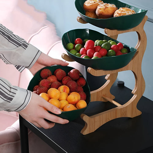 3 Tier Fruit Basket with Wooden Stand and Bowls
