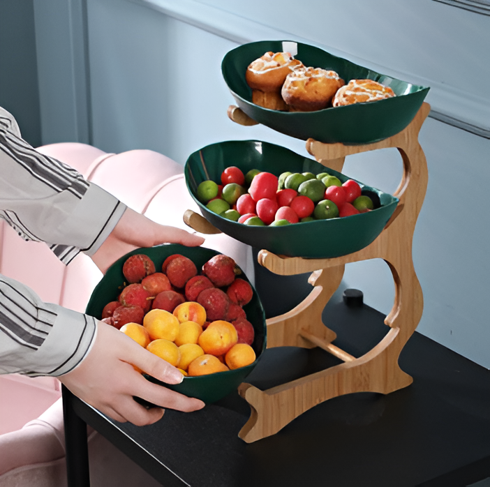 3 Tier Fruit Basket with Wooden Stand and Bowls