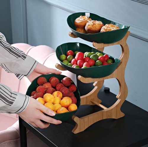 3 Tier Fruit Basket with Wooden Stand and Bowls