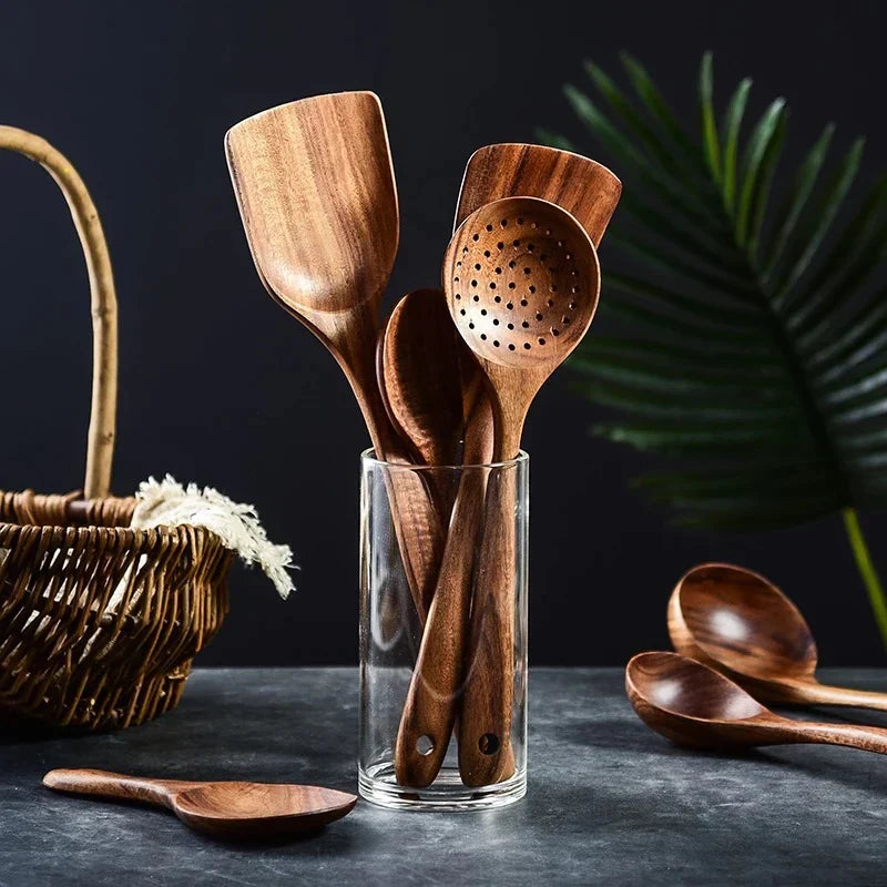 Acacia Wood Kitchen Utensil Set, 8 Pieces with Stand