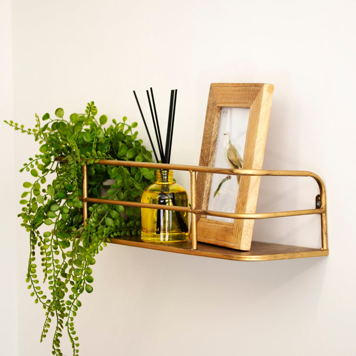 Industrial Brass-Finish Wire Frame Wall Shelf, 55cm Wide
