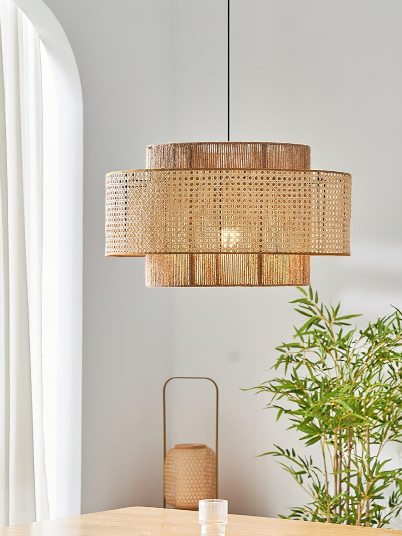 Handwoven Hemp Rope and Rattan Drum Pendant Light