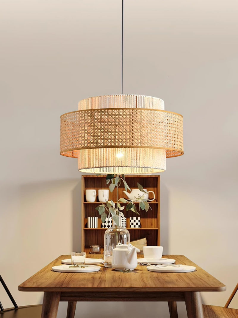 Handwoven Hemp Rope and Rattan Drum Pendant Light