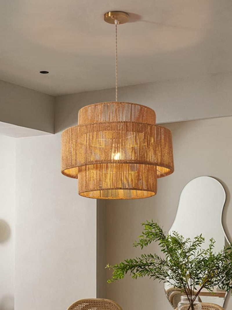 Handwoven Hemp Rope and Rattan Drum Pendant Light