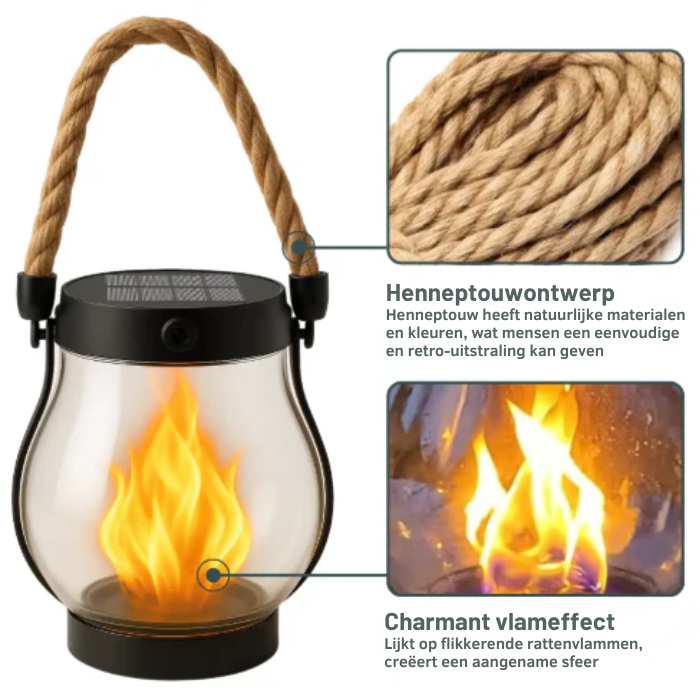 Solar Flame Effect Lantern with 22 LEDs, 25.5 cm, Hemp Rope
