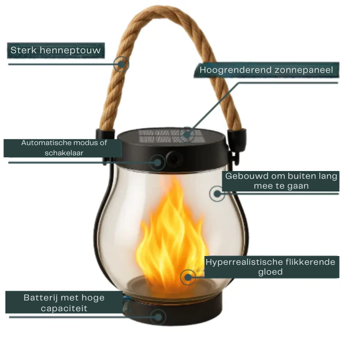 Solar Flame Effect Lantern with 22 LEDs, 25.5 cm, Hemp Rope