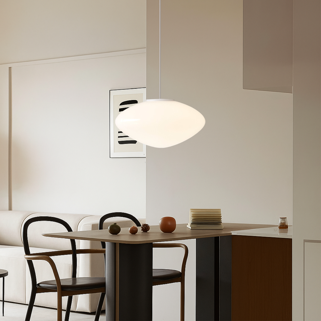 White Glass Pendant Light with LED, Danish Minimalist Design