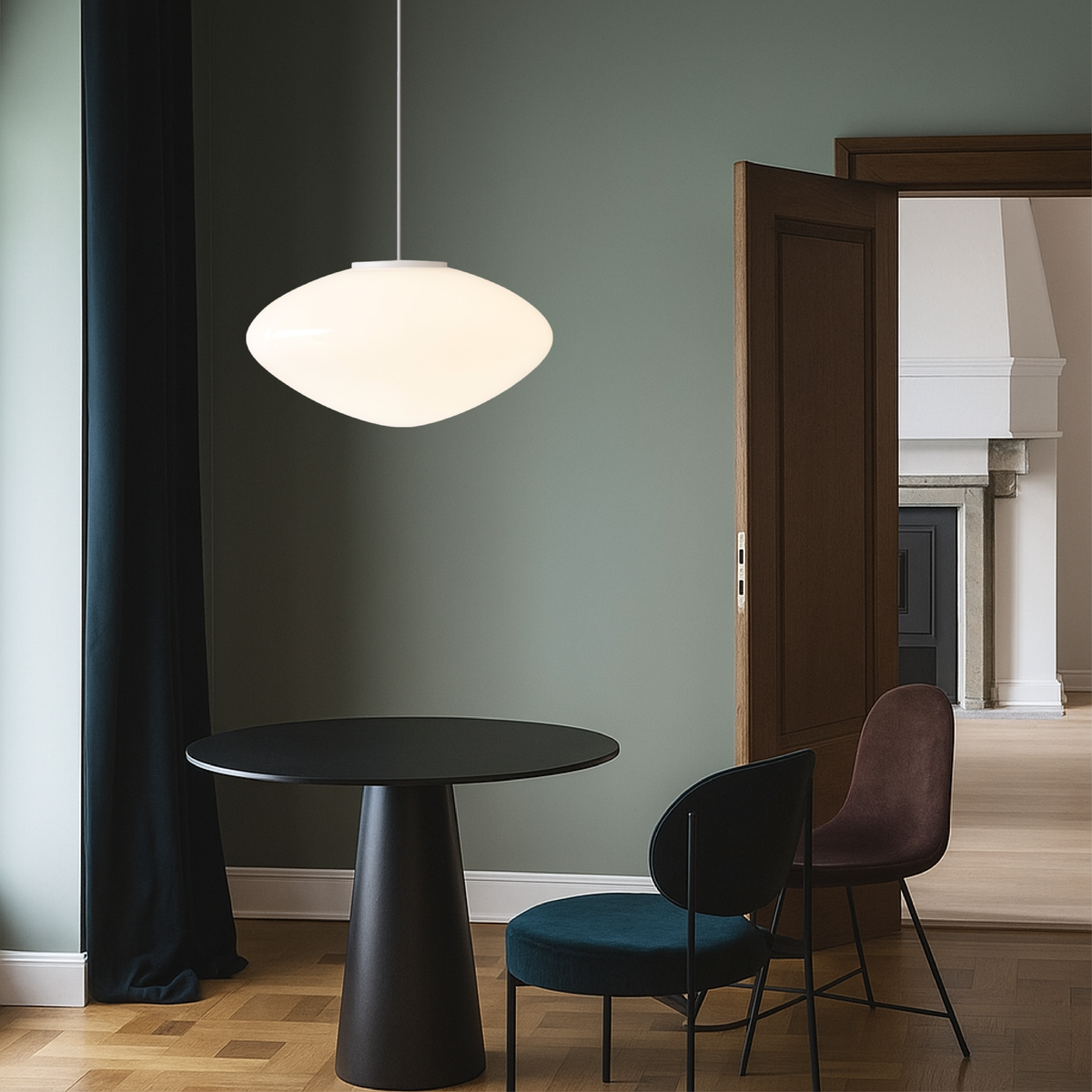 White Glass Pendant Light with LED, Danish Minimalist Design