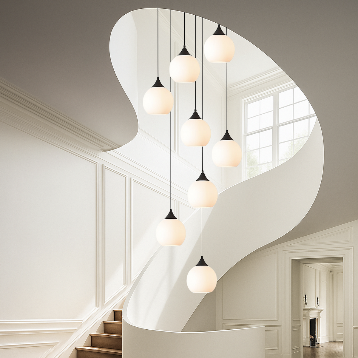 Tall Glass and Metal LED Staircase Chandelier in Black