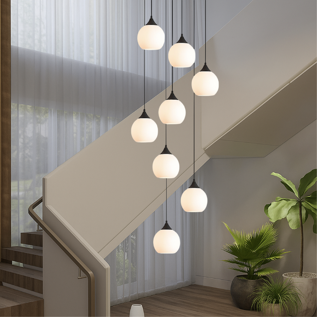 Tall Glass and Metal LED Staircase Chandelier in Black