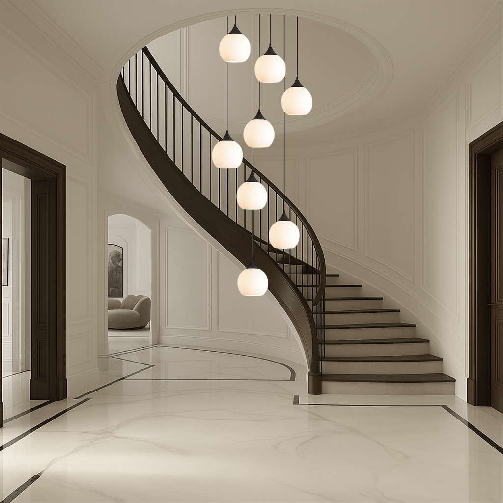 Tall Glass and Metal LED Staircase Chandelier in Black