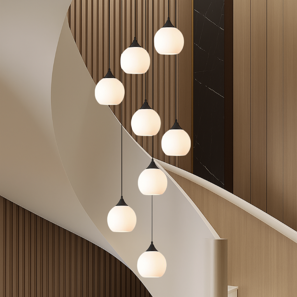 Tall Glass and Metal LED Staircase Chandelier in Black