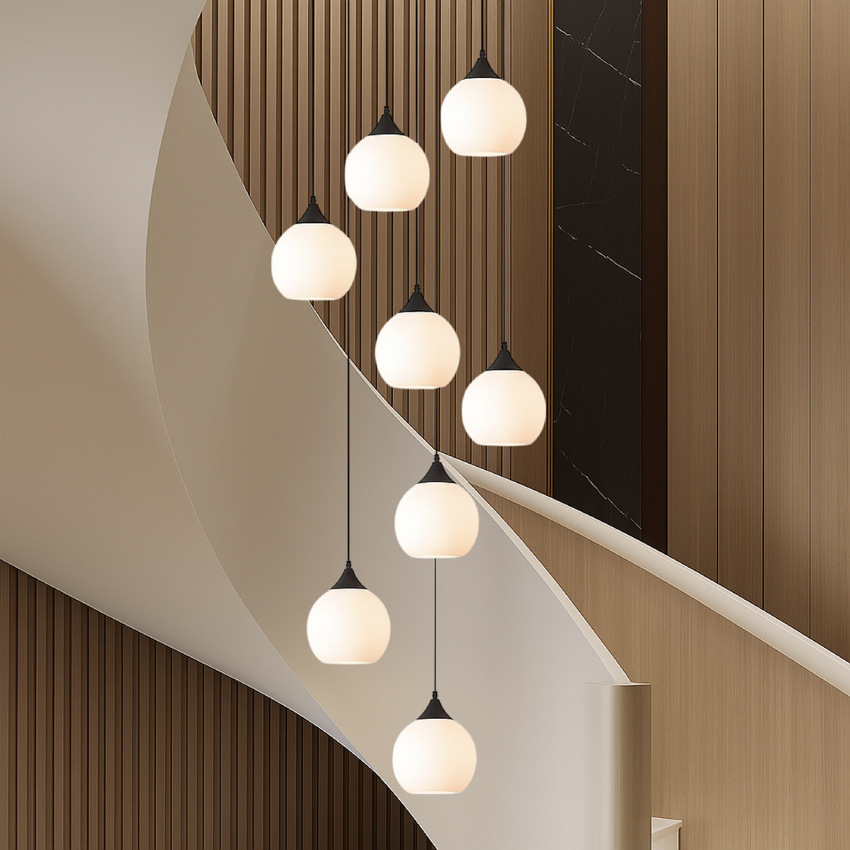 Tall Glass and Metal LED Staircase Chandelier in Black