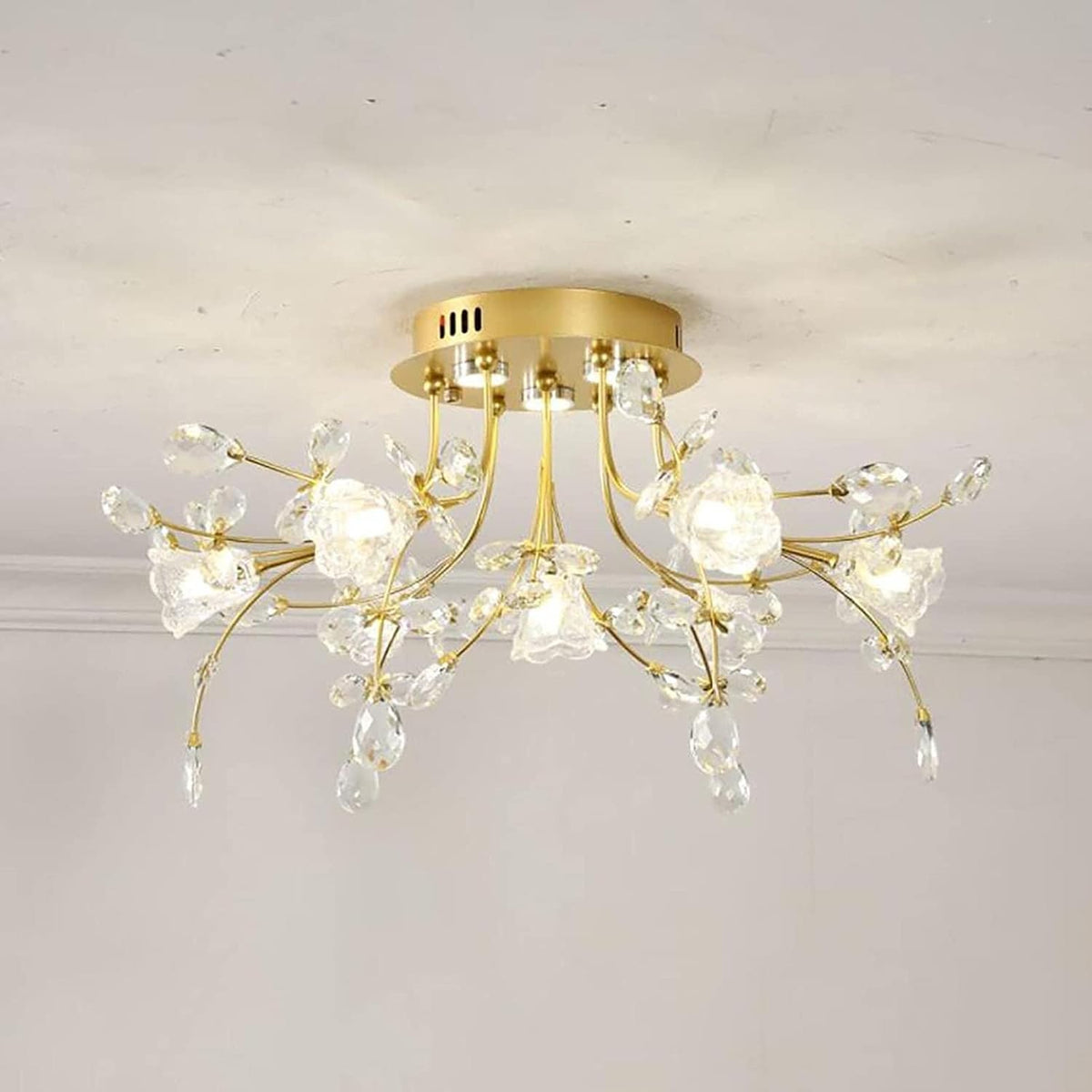 Art Deco Floral Ceiling Light with Crystal Drops, 3 Sizes