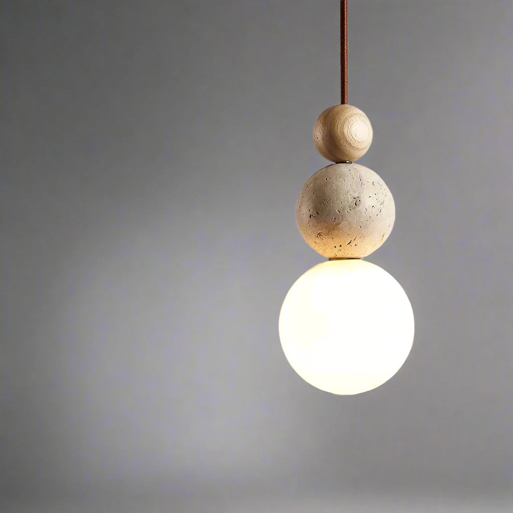 Opal Glass Globe Pendant Light with Travertine and Wood