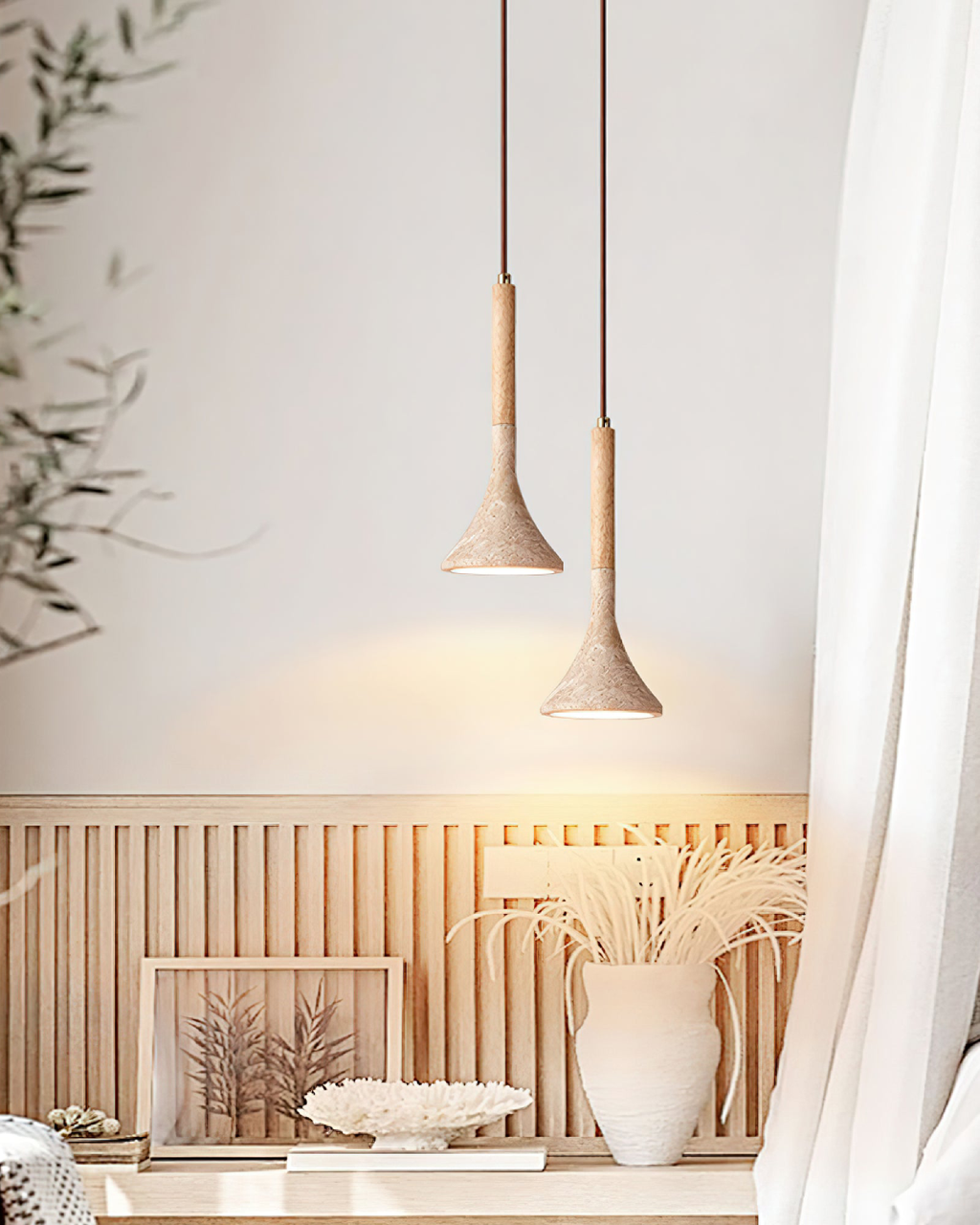 Travertine Pendant Light with Walnut Wood Detail