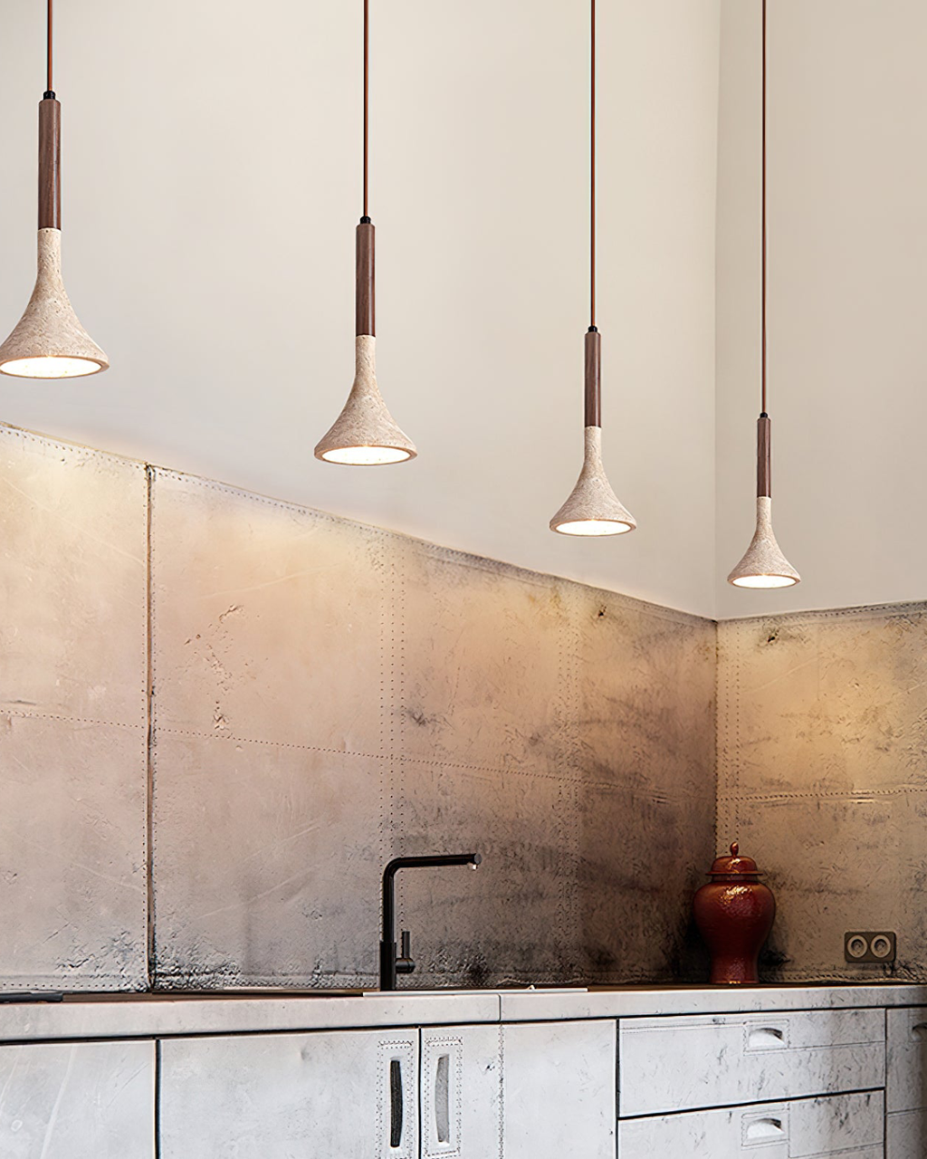 Travertine Pendant Light with Walnut Wood Detail