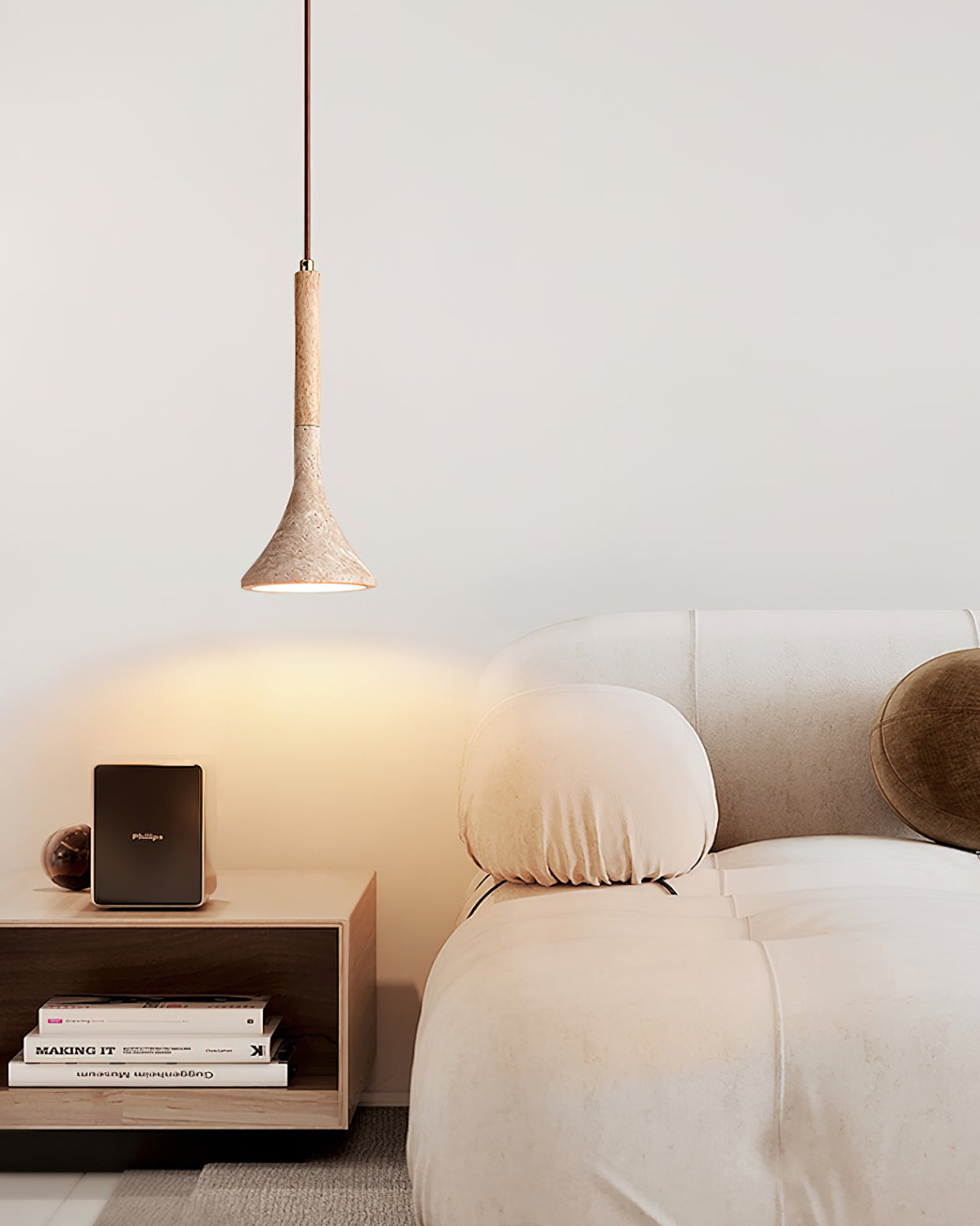 Travertine Pendant Light with Walnut Wood Detail