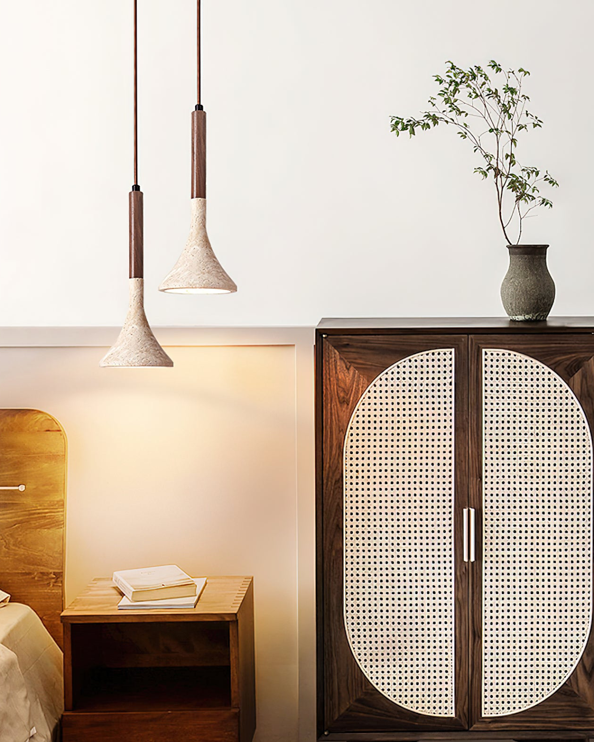 Travertine Pendant Light with Walnut Wood Detail