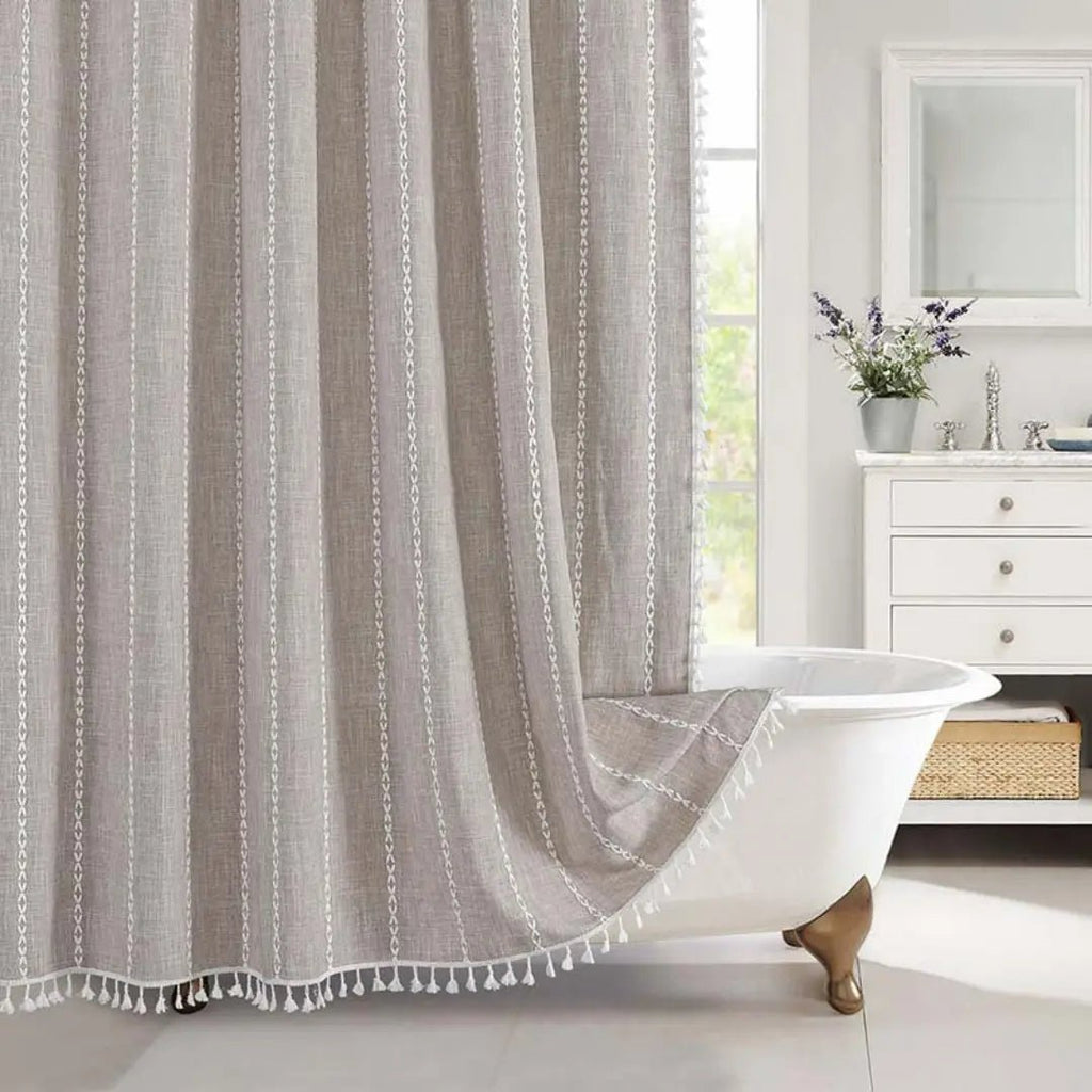 Linen Shower Curtain with Boho Tassels, 180 x 180 cm