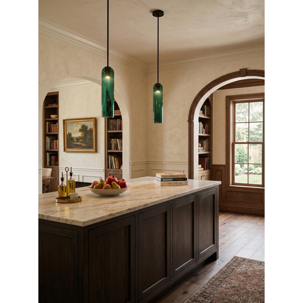 Hand-Blown Glass Cylinder Pendant Light, Black or Gold Finish