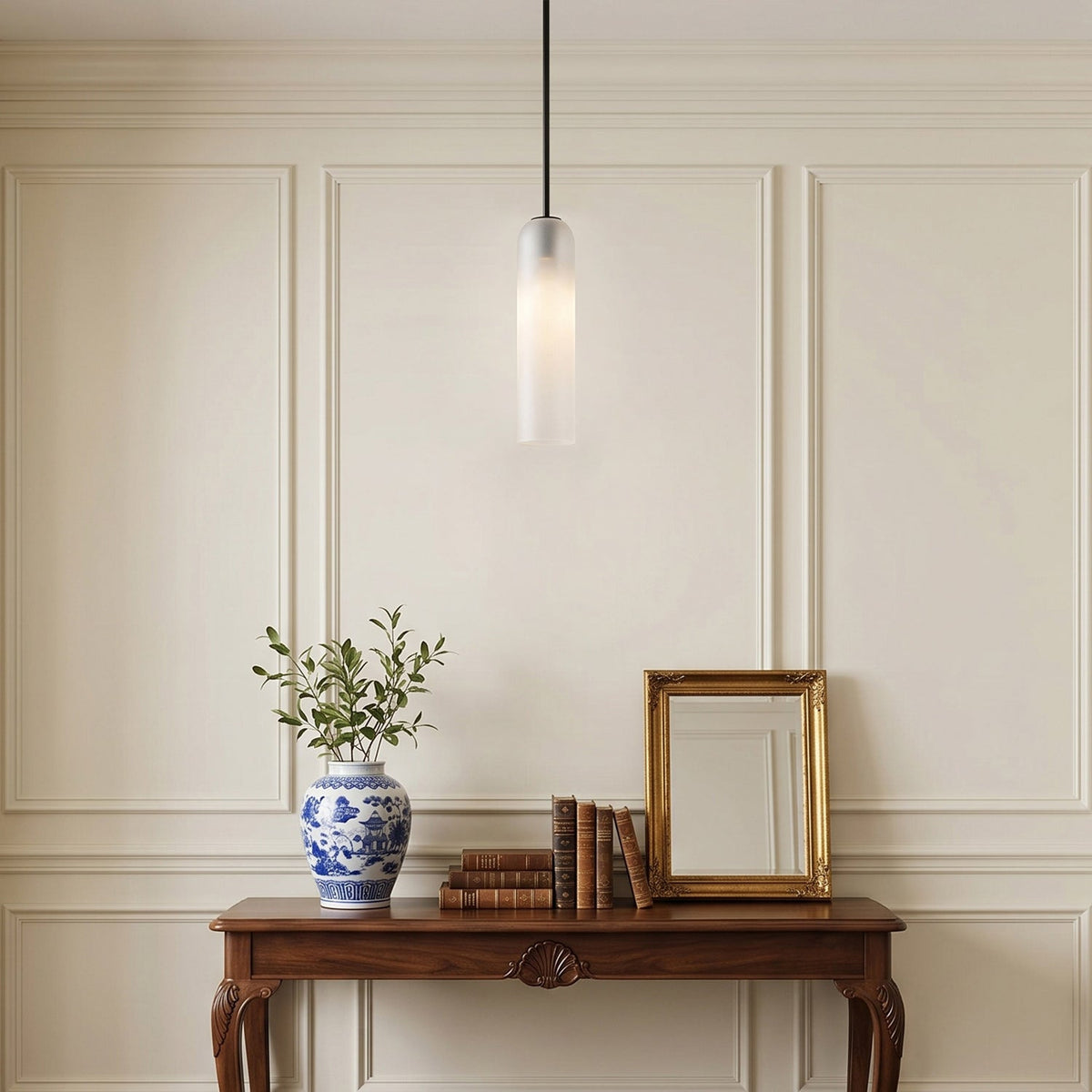 Hand-Blown Glass Cylinder Pendant Light, Black or Gold Finish