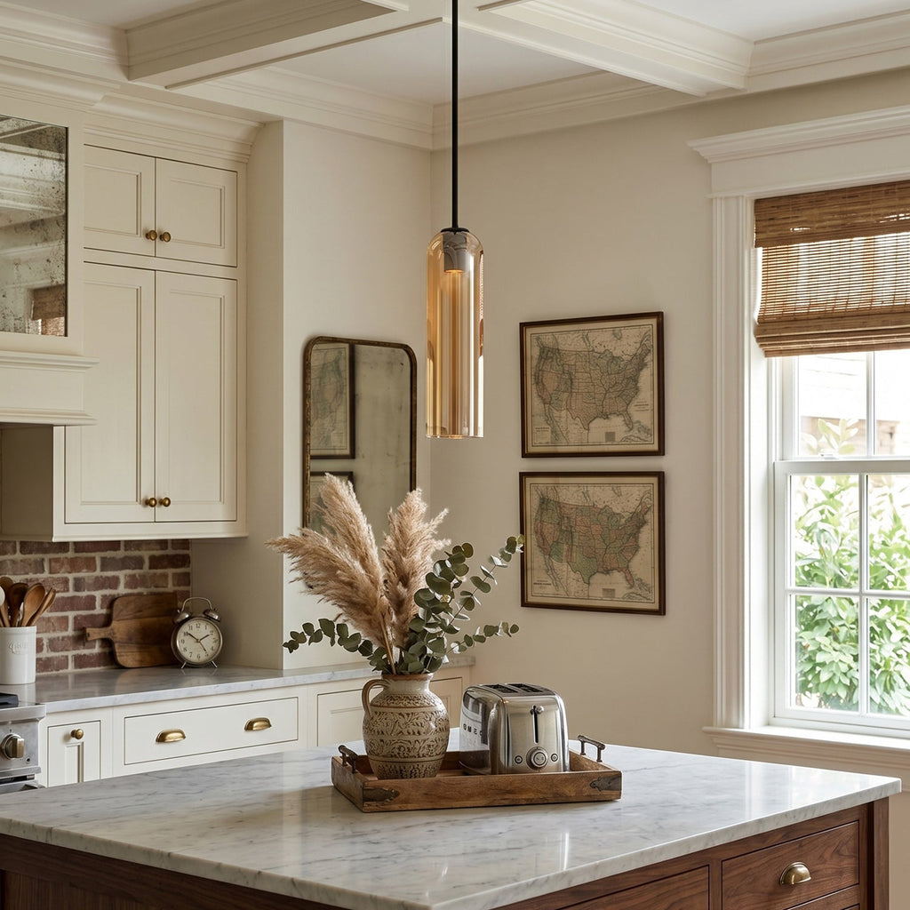 Hand-Blown Glass Cylinder Pendant Light, Black or Gold Finish