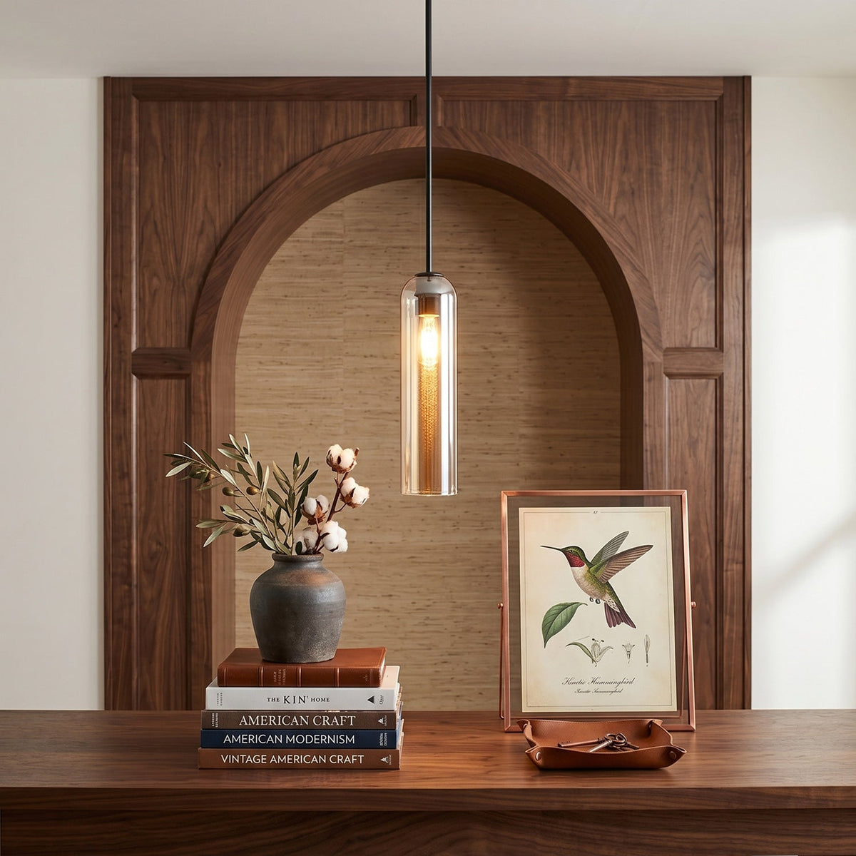 Hand-Blown Glass Cylinder Pendant Light, Black or Gold Finish