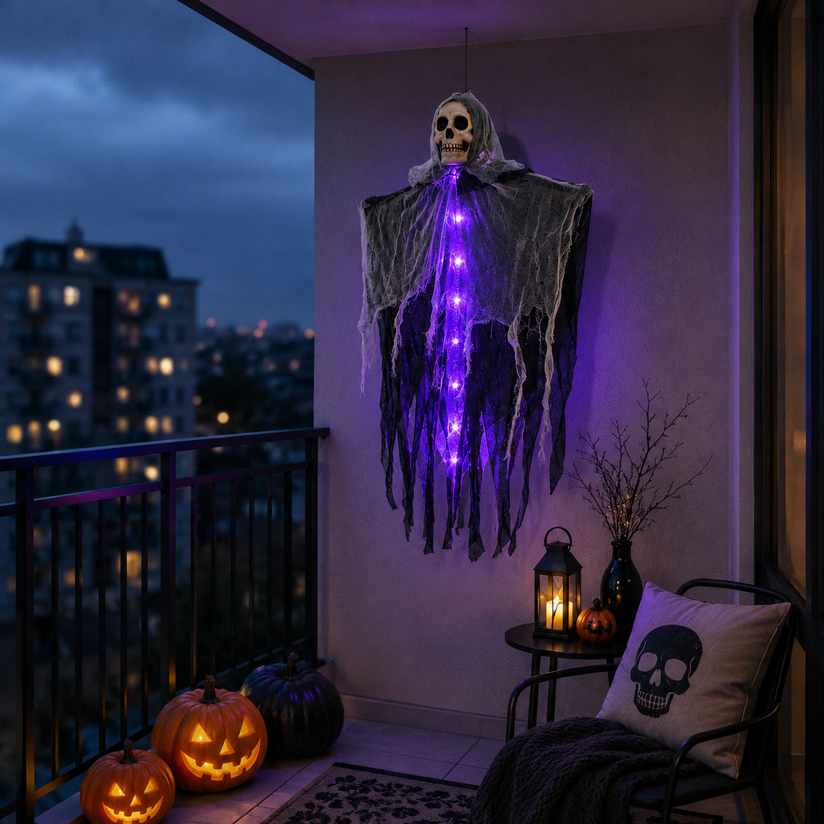 Light-Up Hanging Ghost with Skull and Gauze, Three Light Colours
