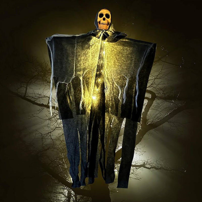 Light-Up Hanging Ghost with Skull and Gauze, Three Light Colours
