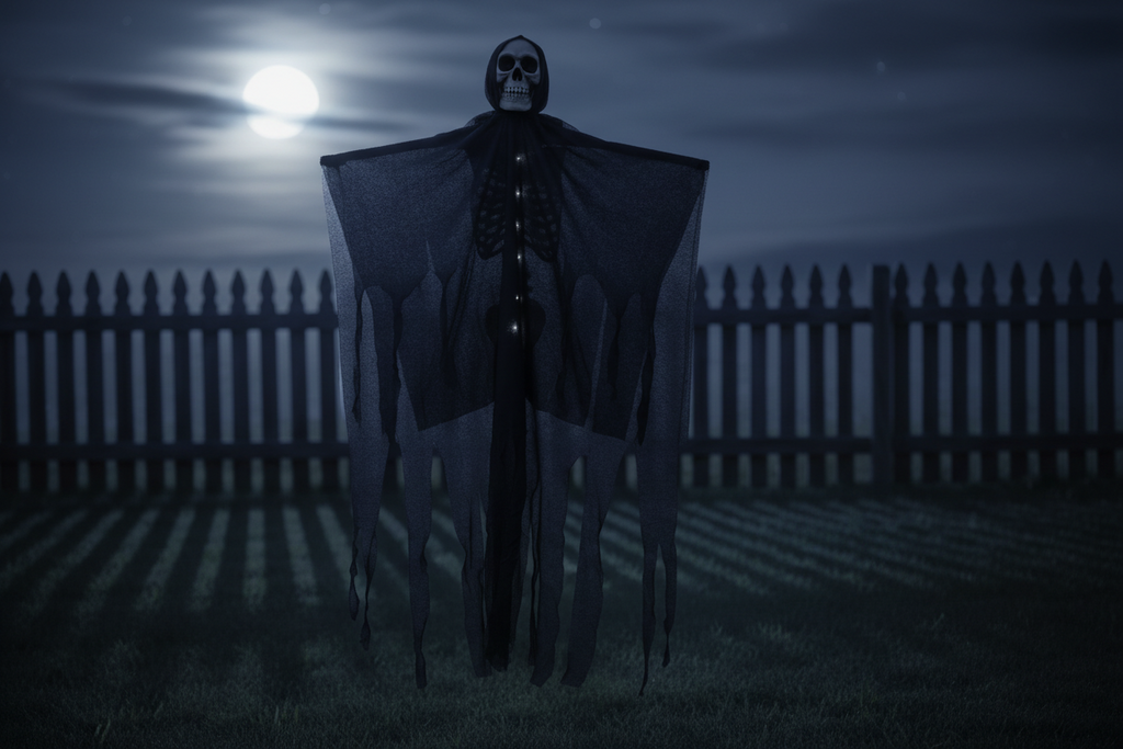 Light-Up Hanging Ghost with Skull and Gauze, Three Light Colours