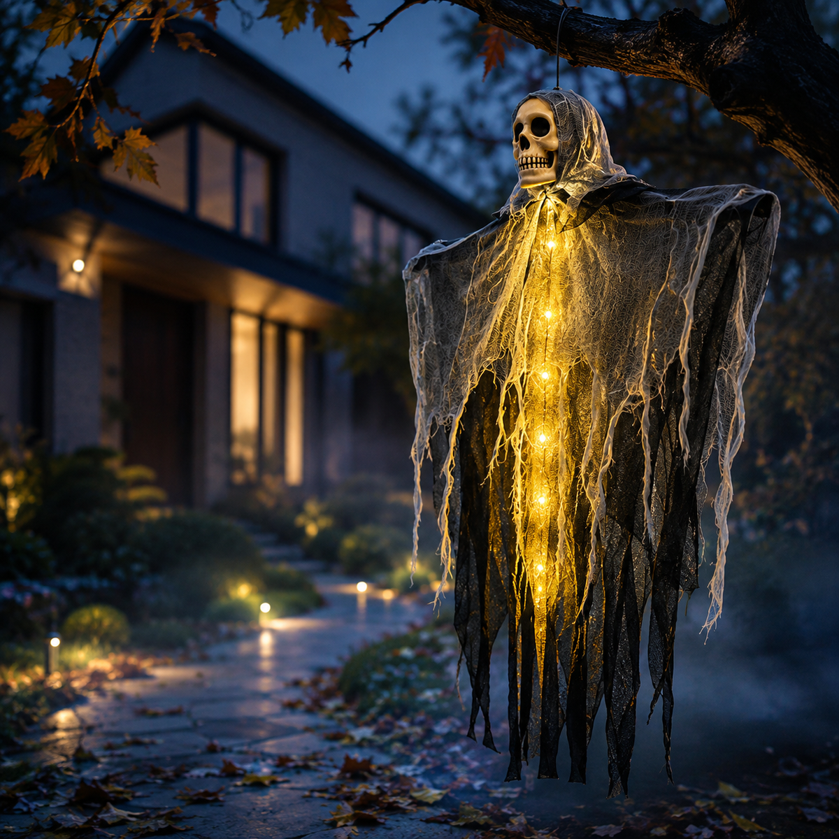 Light-Up Hanging Ghost with Skull and Gauze, Three Light Colours